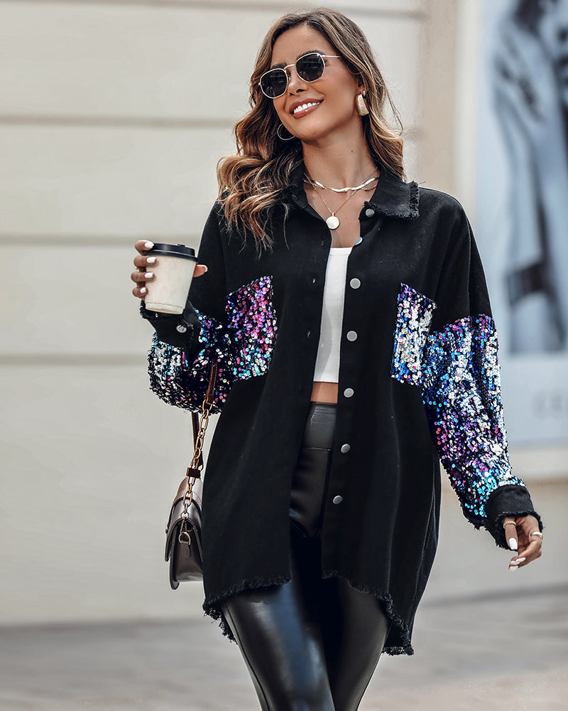 Colorblock Sequin Patchwork Long Sleeve Jacket Top Button Front Raw Hem Shacket - Image 6
