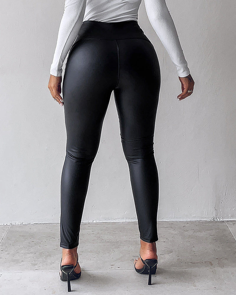 Chicme Curveease Pu Leather Leggings High Waist Curved Fleece Lined Tights Casual Pants - Image 2