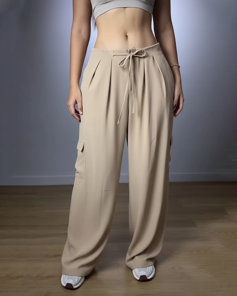 High Waist Drawstring Pleated Front Wide Leg Trousers Casual Flap Pockets Design Cargo Pants - Image 5
