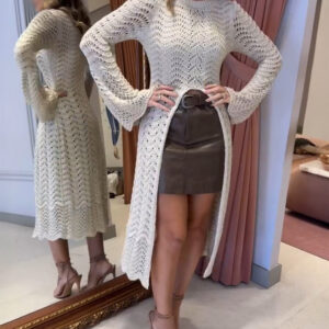 Round Neck Asymmetrical Hem Hollow Out Knitted Sweater Casual Scallop Trim Bell Sleeve Top