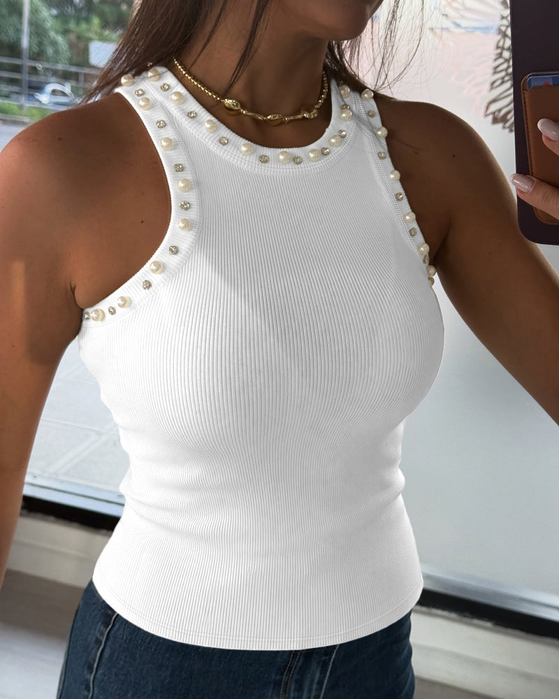 Women's Pearls Rhinestone Knit Racerback Tank Top Ribbed Crewneck Sleeveless Top - Image 4