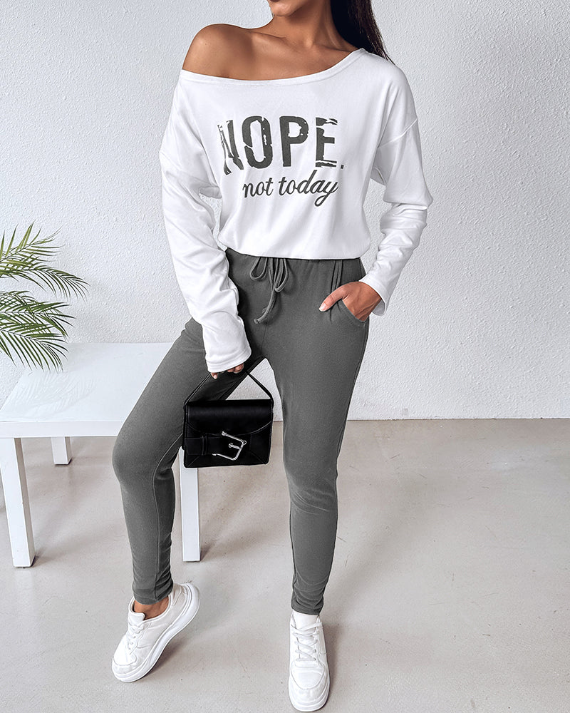 2 Pieces Outfit Nope. Not Today Slogan Print Skew Neck Long Sleeve Pullover Top And Casual Drawstring Stretchy Waist Slim Fit Pants Set - Image 18