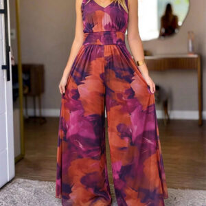 Women's Tie Dye Print Mesh Jumpsuit V Neck Shirred Waist Wide Leg Overalls Backless Sleeveless Jumpsuit with Pockets