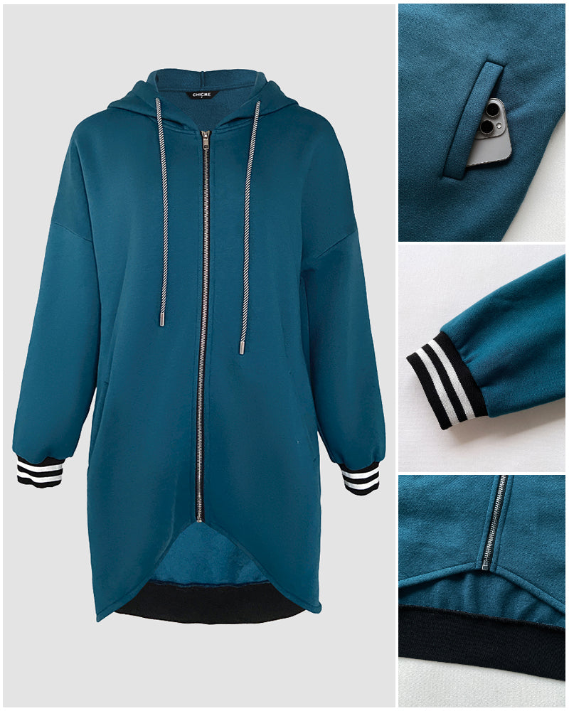 Striped Cuffs Pockets Design Zipper Front Drawstring Hoodie Jacket Casual Drop Shoulder Asymmetrical Hem Mid-length Coat - Image 8