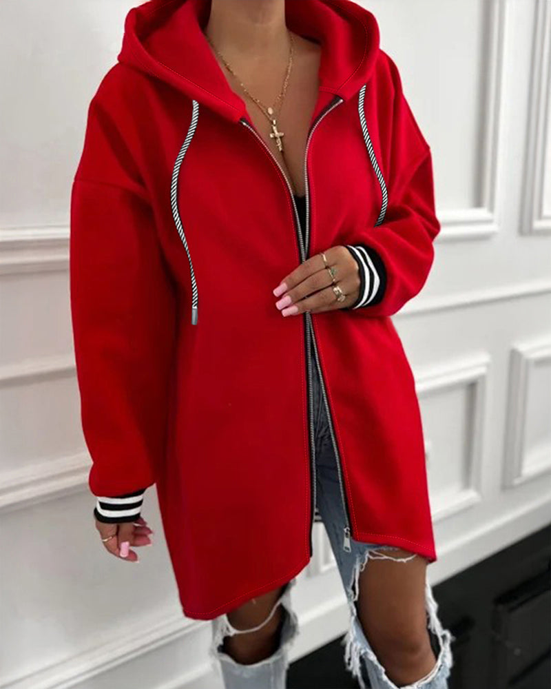 Striped Cuffs Pockets Design Zipper Front Drawstring Hoodie Jacket Casual Drop Shoulder Asymmetrical Hem Mid-length Coat - Image 2