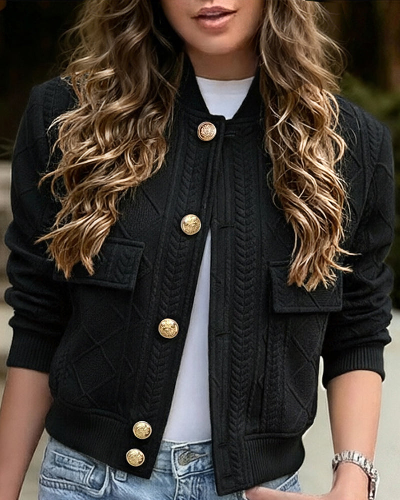 Women's Vintage Argyle Cable Knit Bomber Jacket Elegant Baseball Collar Button Down Cropped Coat with Flap Pockets - Image 14