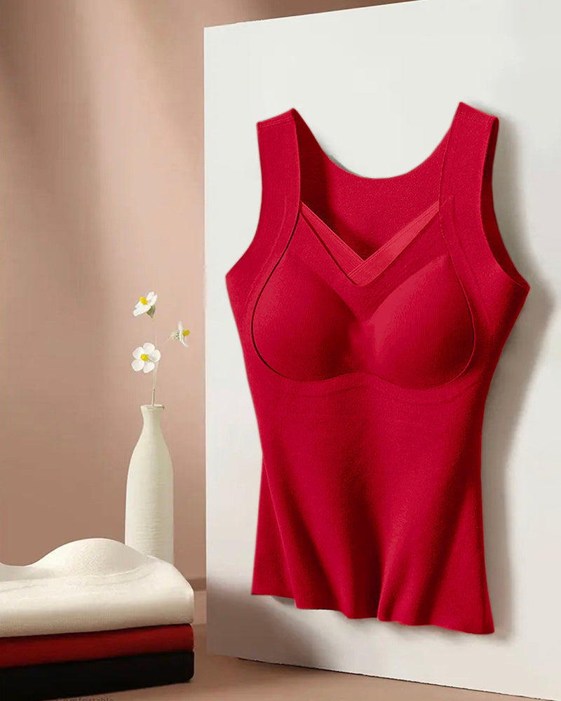 Sheer Mesh Spliced V Neck Sleeveless Built In Bra Tank Casual Warm Fleece Lined Slim Fit Top - Image 20