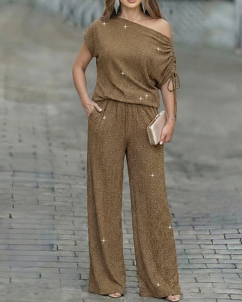 Women's Two-Piece Rhinestone Lounge Suit Skew Neck Top and Wide-Leg Pant Set Elegant Commuter Outfit with Pockets - Image 4