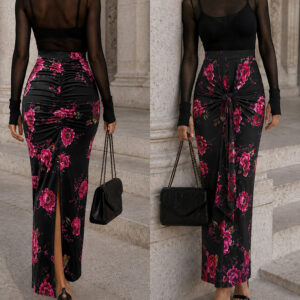 Women's Floral Print High Waisted Maxi Skirt Ruched Front Knot Bodycon Slit Skirt