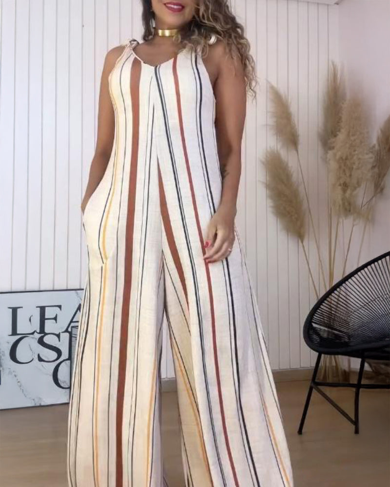 Women's V Neck Bow Tie Shoulder Striped Jumpsuit Casual Loose Wide Leg Overalls with Pockets - Image 3