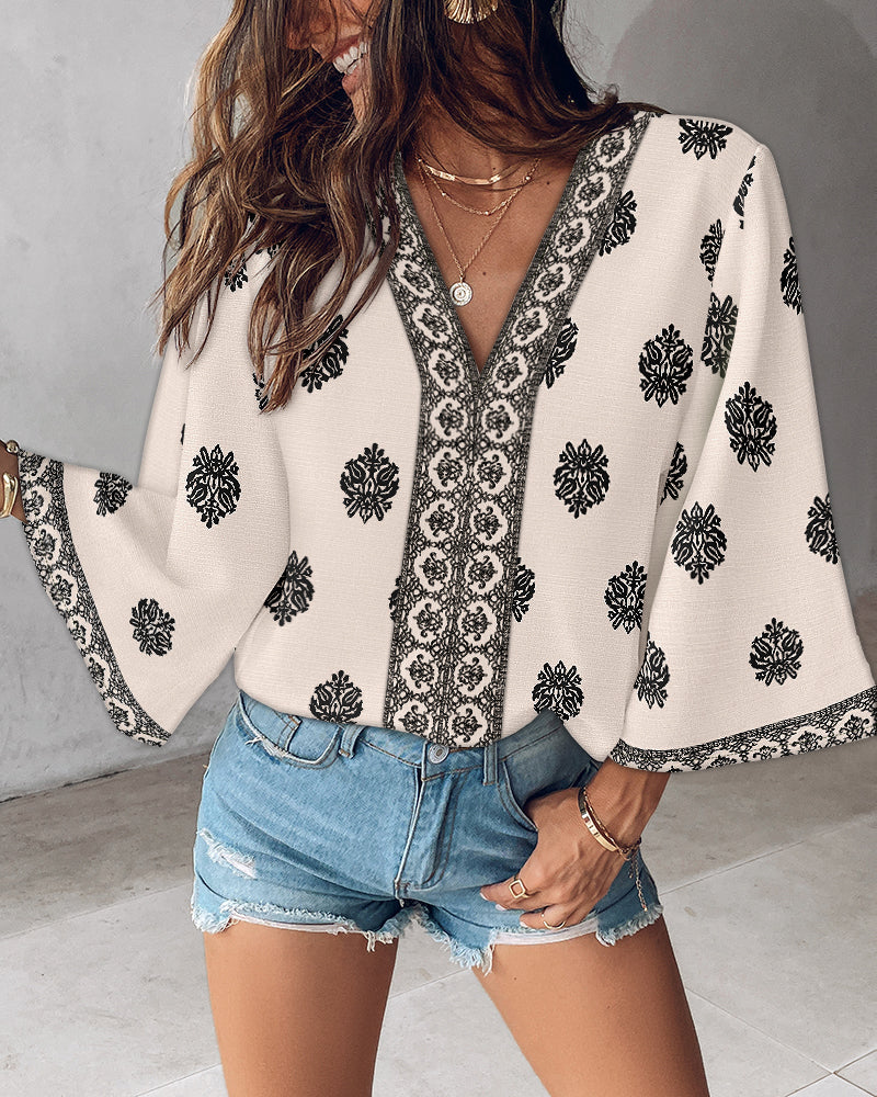 Floral Print V Neck Long Sleeve Blouse Casual Loose Fit Top - Image 19