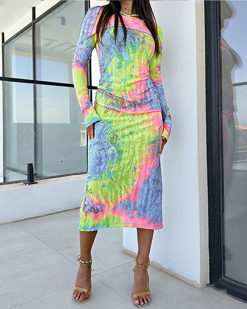 Tie Dye Print Foldover Off Shoulder Long Sleeve Textured Bodycon Dress Casual Ripped Detail High Strech Vacation Dress - Image 4