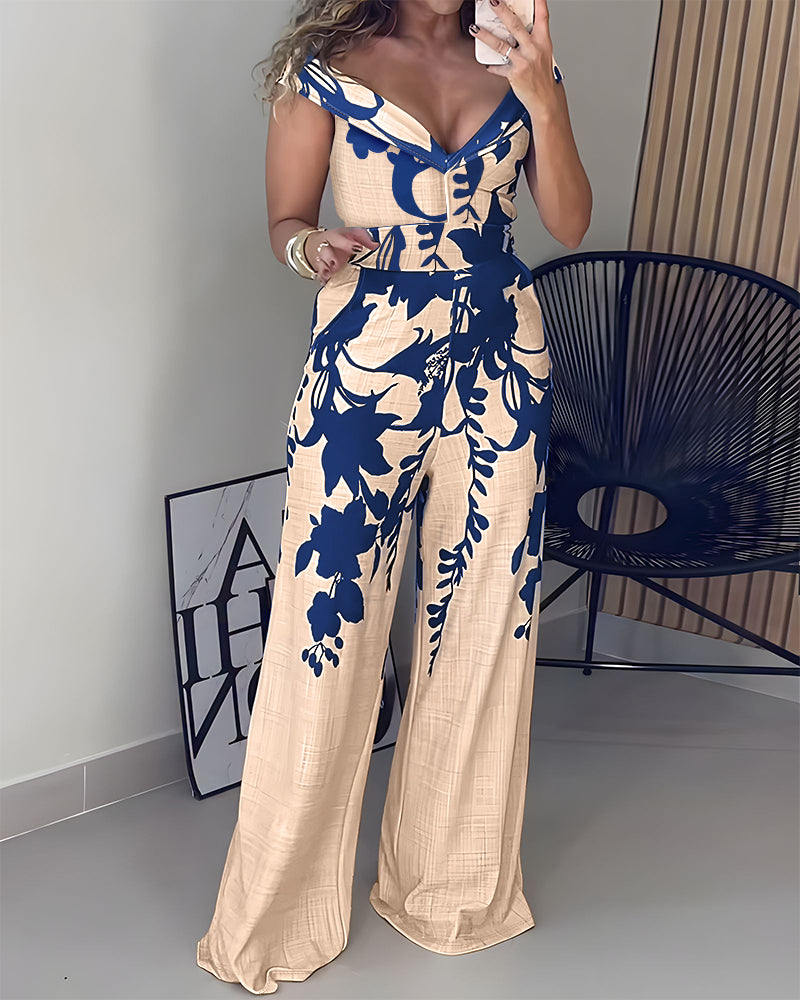 Floral Print Off Shoulder Sleeveless Deep V-Neck Jumpsuit Casual Zipper Side Wide Leg Jumpsuit - Image 5