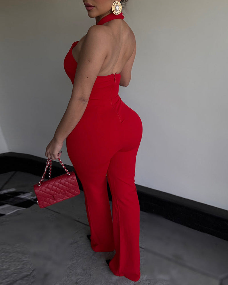 Women's Criss Cross Halter Front Gold Button Flare Jumpsuit Elegant Evening Overalls - Image 2