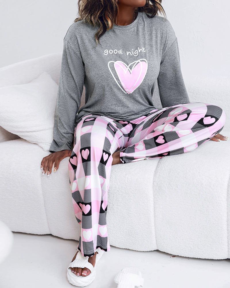 2 Pieces Outfit Good Night Slogan Print Long Sleeve Top and Plaid Print Elastic Waist Pants Set Casual Heart Print Pajamas Set - Image 4