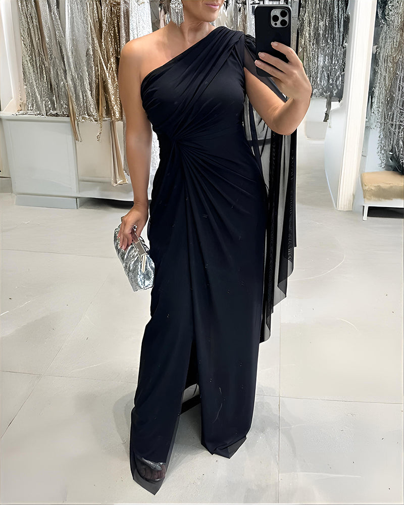 One Shoulder Asymmetrical Mesh Cloak Sleeve Ruched Twist Waist Evening Dress Waist Gathered Slit Party Dress - Image 4