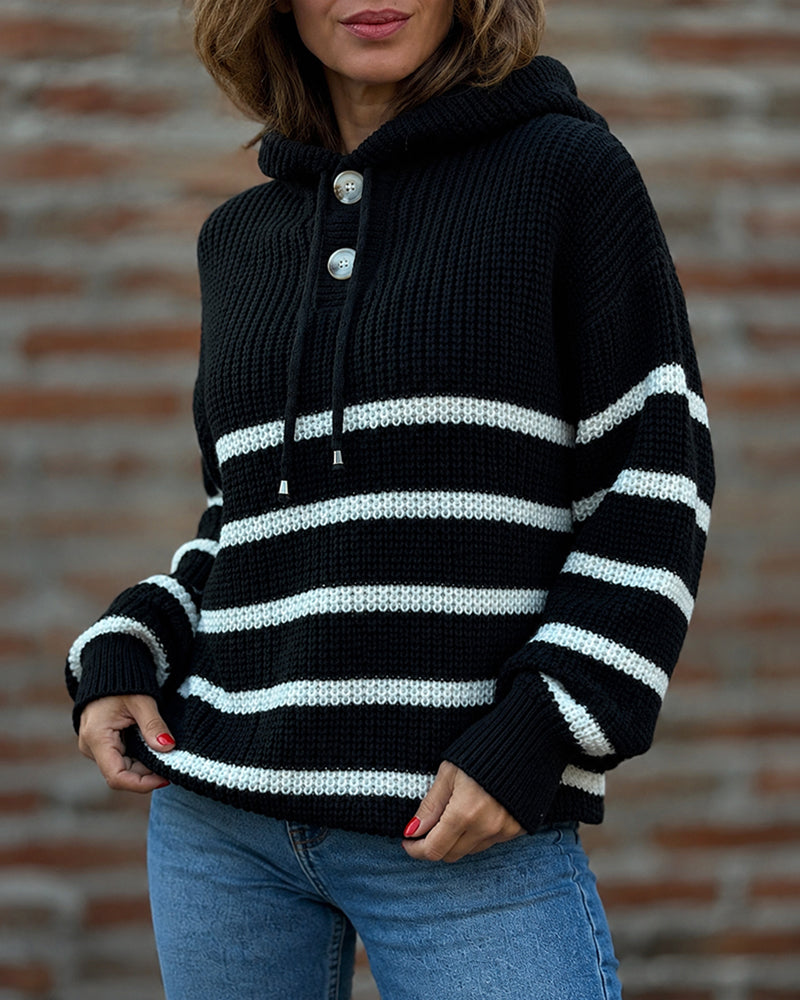 Women's Striped Henley Drawstring Hooded Sweater Loose Fit Lantern Sleeve Knit Pullover - Image 15