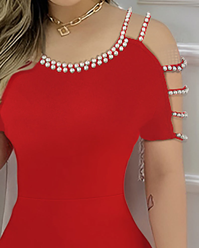 Cold Shoulder Beaded Slit Bodycon Dress Ruffle Hem Zipper Back Party Dress - Image 11