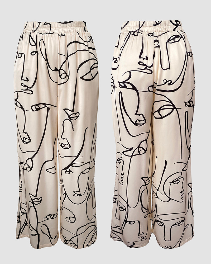 Women's Abstract Face Print Two Piece Outfits Boat Neck Batwing Sleeve Top and High Waisted Wide Leg Pants Set with Pockets - Image 5