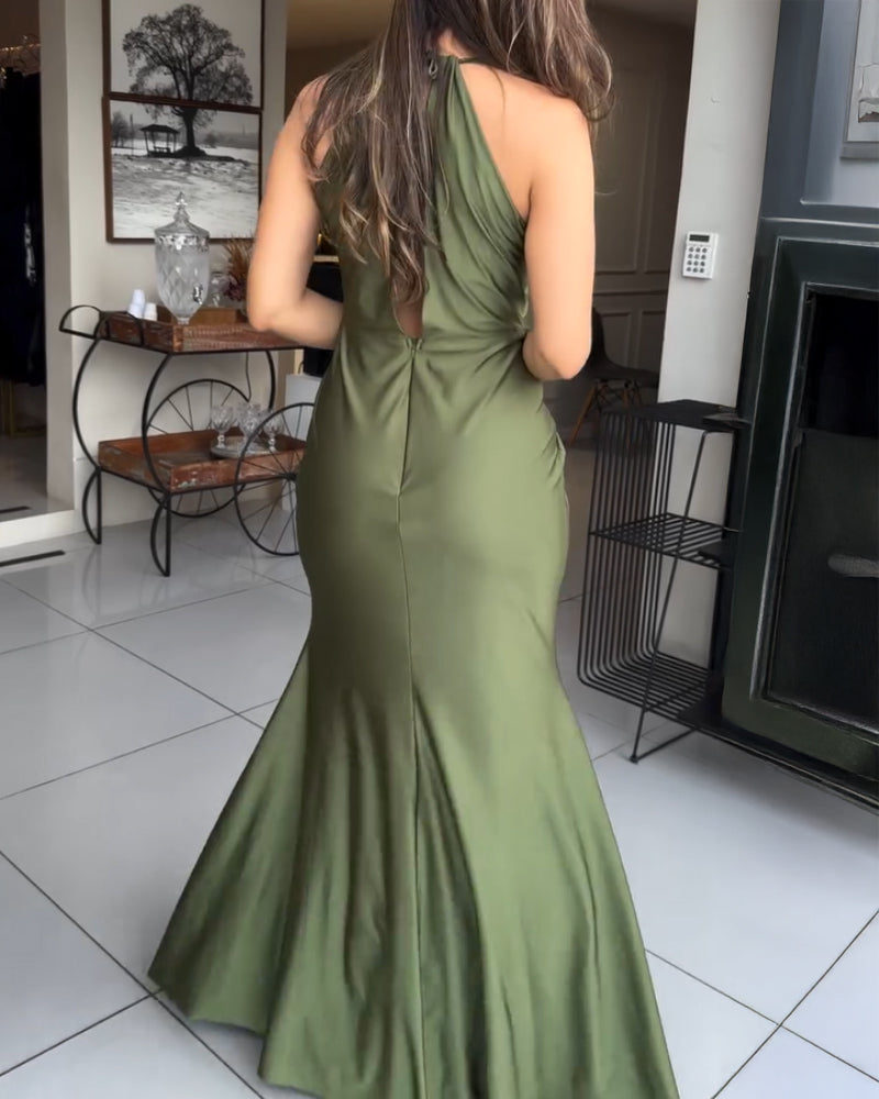 Women's Halter Tie Satin Maxi Dress Twist Front Cutout Backless Mermaid Cockail Dress Ruched Evening Party Dress - Image 2