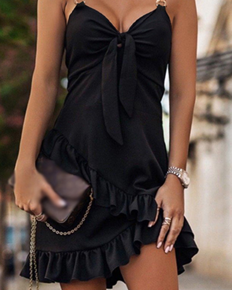 Women's Adjustable Chain Strap Tie Front Ruffle Hem Dress Backless Shirred Ruched Cami Mini Dress - Image 3