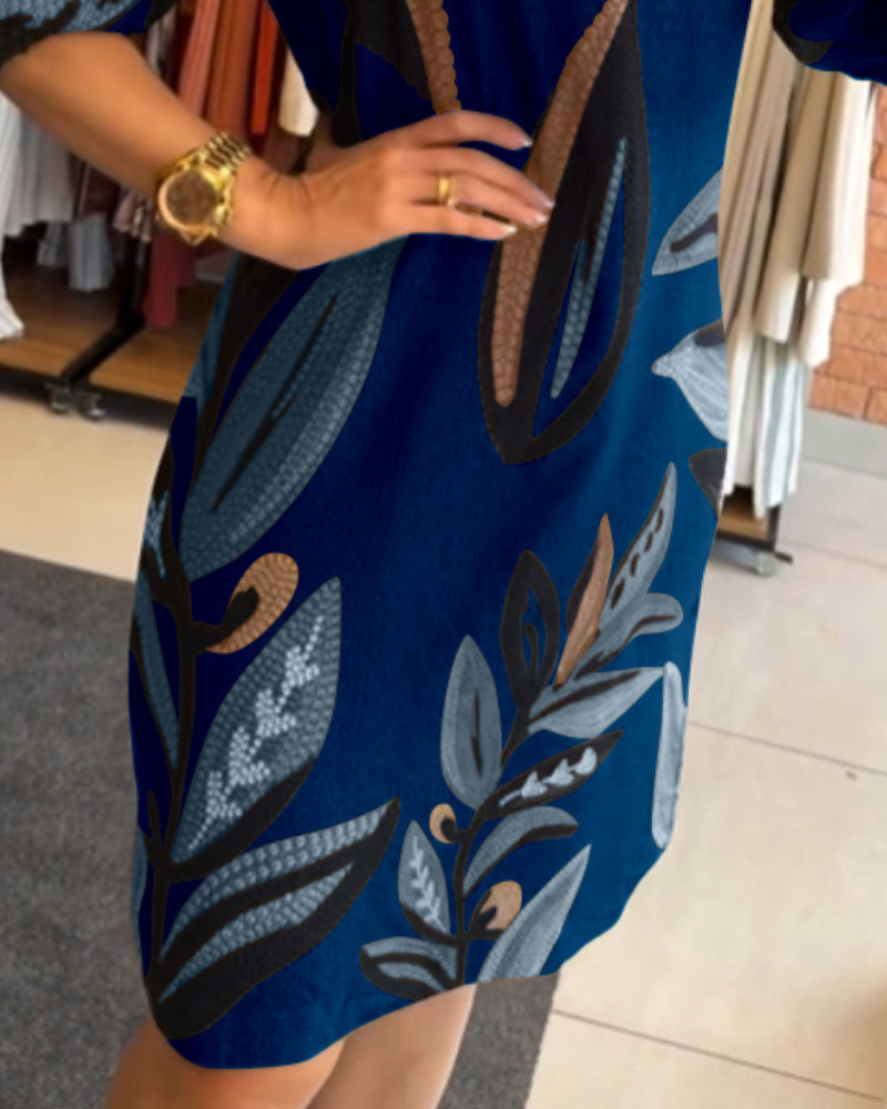 Plants Print Round Neck Half Sleeve Midi Dress - Image 15