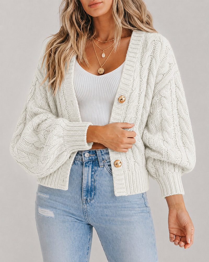 Women's Cable Knit Cardigan V Neck Button Down Chunky Knit Sweater Loose Lantern Sleeve Warm Outerwear - Image 8