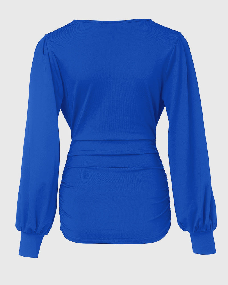 Deep V-Neck Lantern Sleeve Ruched Blouse Casual Slim Fit Top - Image 26