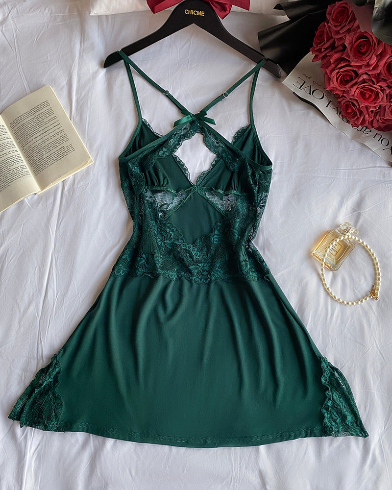 V-Neck Criss Cross Lace Patch Side Slit Babydoll Sleep Dress - Image 5