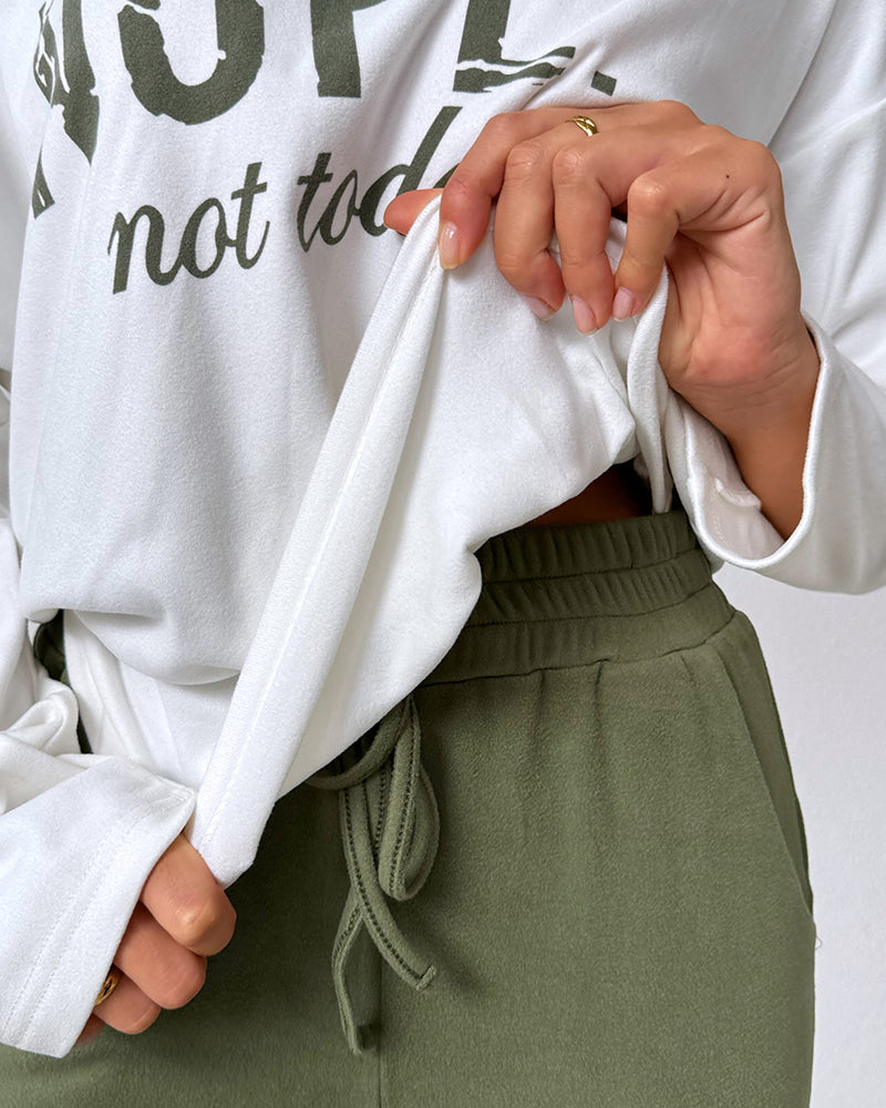 2 Pieces Outfit Nope. Not Today Slogan Print Skew Neck Long Sleeve Pullover Top And Casual Drawstring Stretchy Waist Slim Fit Pants Set - Image 4
