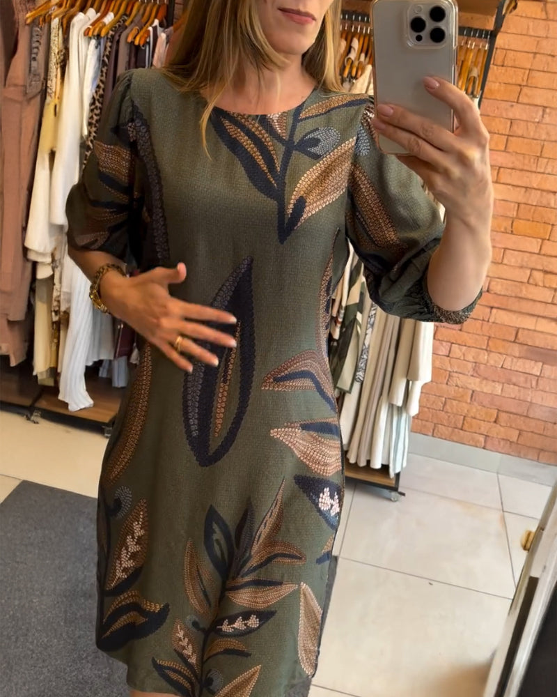 Plants Print Round Neck Half Sleeve Midi Dress - Image 5