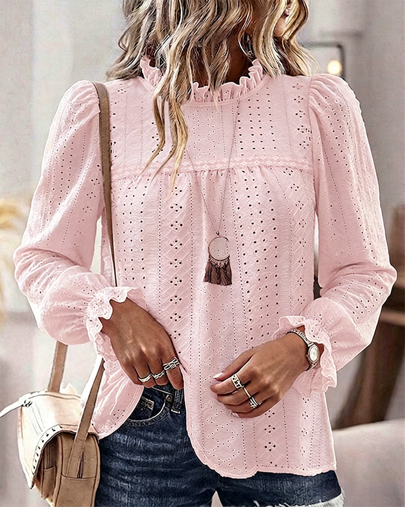 Women's French Style Eyelet Embroidery Blouse Elegant Frill Hem Stand Collar Puff Sleeve Top Lace Patchwork Shirt - Image 4