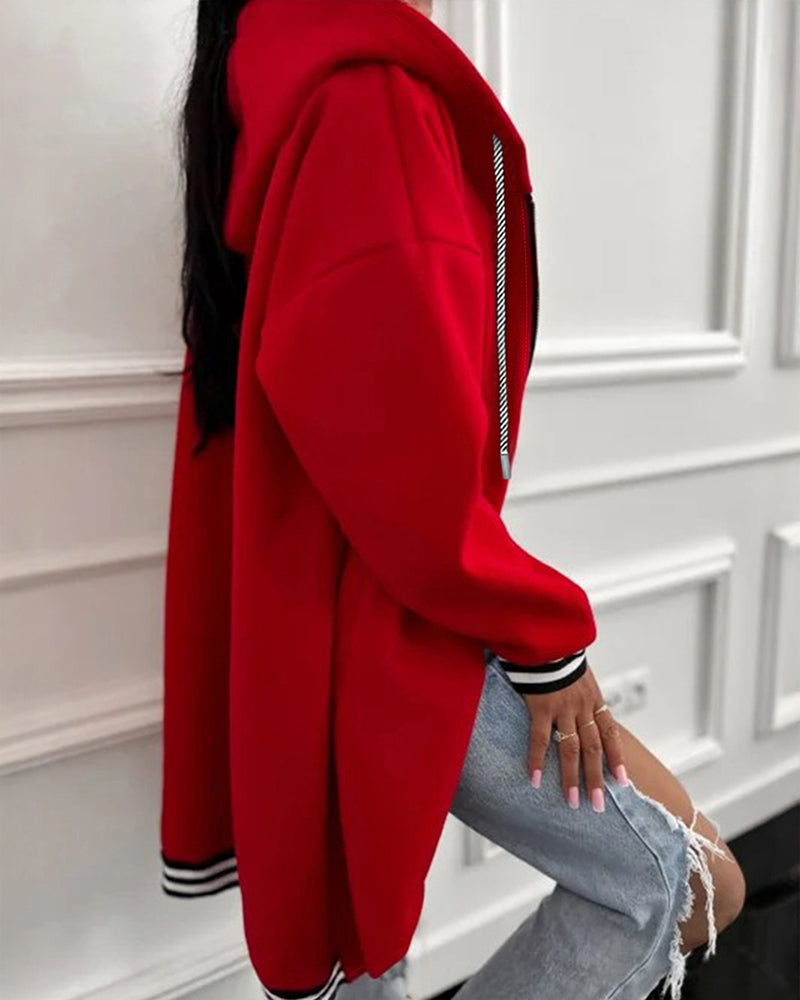 Striped Cuffs Pockets Design Zipper Front Drawstring Hoodie Jacket Casual Drop Shoulder Asymmetrical Hem Mid-length Coat - Image 3