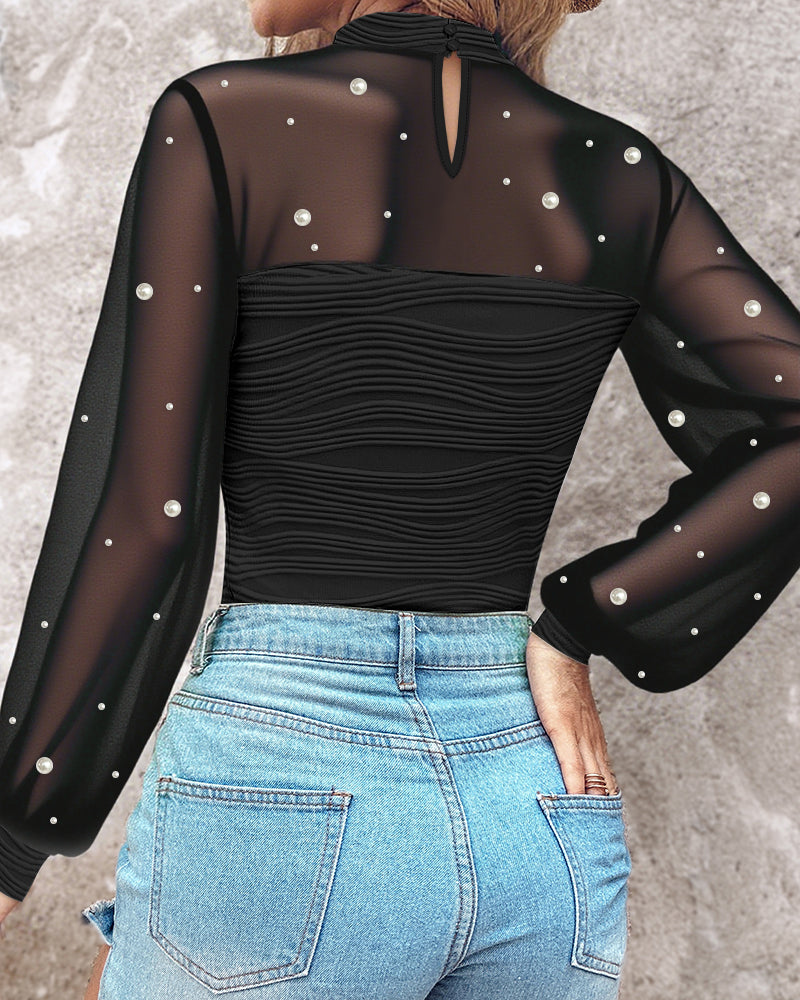 Pearls Decor Mock Neck Sheer Mesh Spliced Ruched Tee Hollow-out Back Slim Fit Textured Top - Image 9