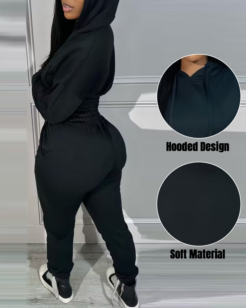 2 Pieces Outfit Drop Shoulder Kangaroo Pocket Stretchy Hem Crop Drawstring Hoodie Sweatshirt And Drawstring Elastic Waist Jogger Sweatpants Casual Tracksuit - Image 24