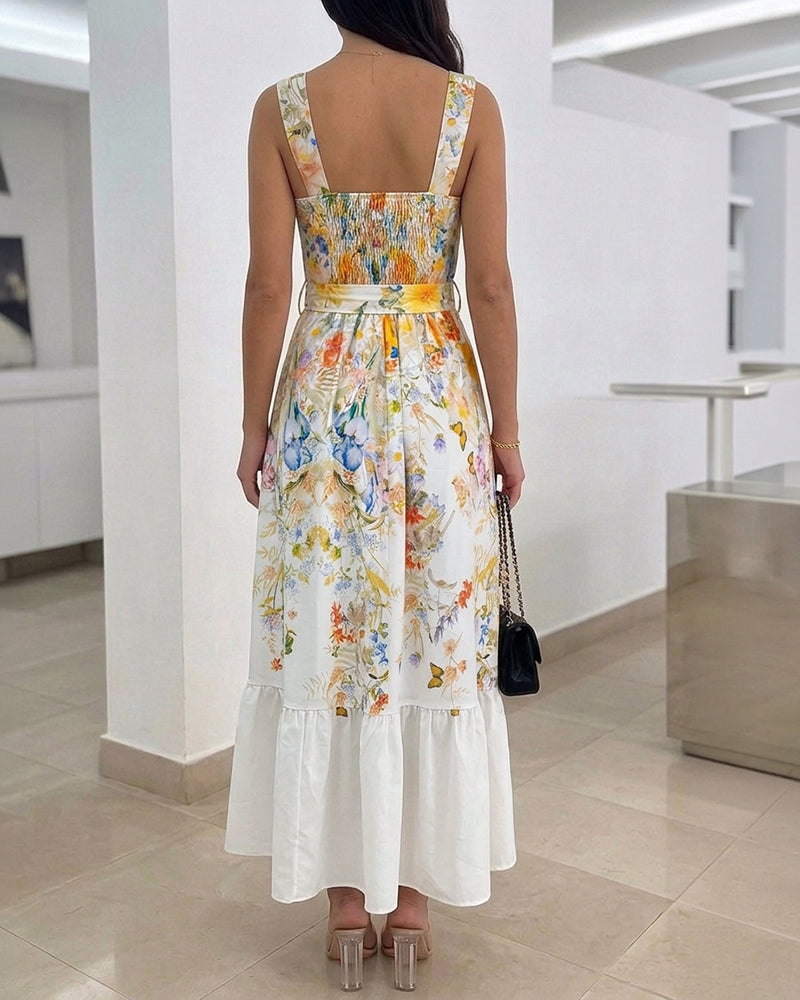 Women's Floral Maxi Dress Square Neck Sleeveless Ruffle Hem Sundress Backless Shirred Summer Vacation Dress with Belt - Image 2