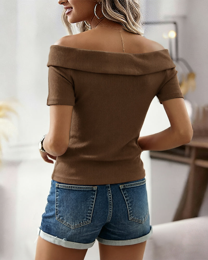 Women's Foldover Off Shoulder Rib-Knit Top Slim Fit Short Sleeve Tee with Gold Button Detail - Image 8