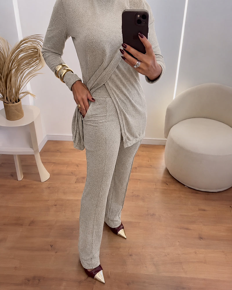 Women's 2 Piece Knit Outfits Mock Neck Long Sleeve Asymmetrical Longline Top and Straight Leg Pants Set - Image 7