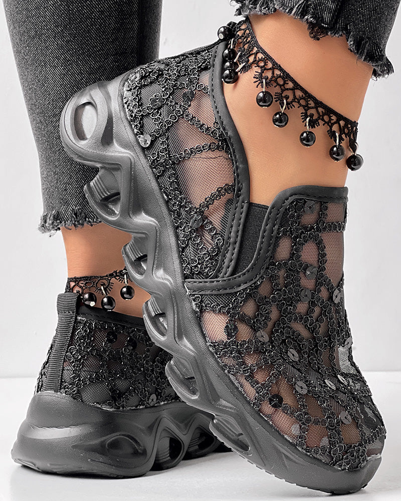 Contrast Sequin Sheer Mesh Patch Breathable Sneakers - Image 23