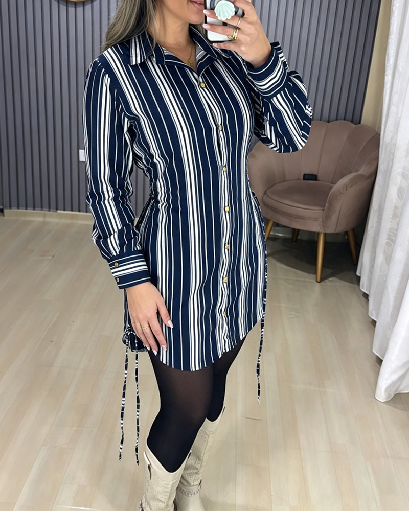 Women's Striped Shirt Dress Button Down Long Sleeve Shirred Waist Casual Dress - Image 15