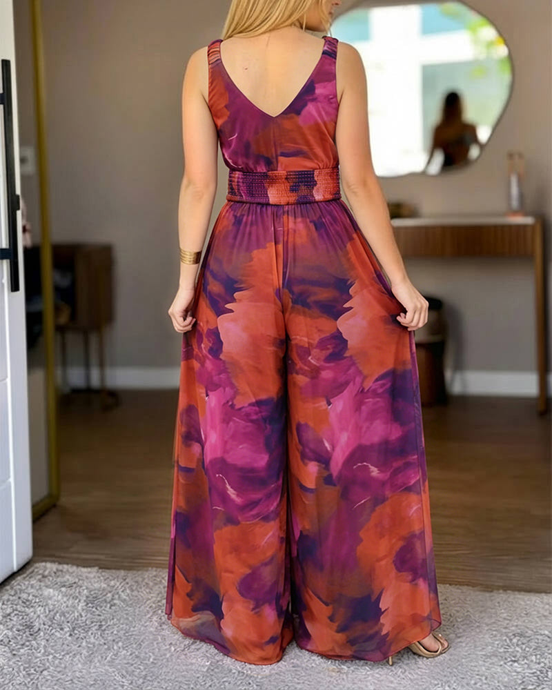 Women's Tie Dye Print Mesh Jumpsuit V Neck Shirred Waist Wide Leg Overalls Backless Sleeveless Jumpsuit with Pockets - Image 2