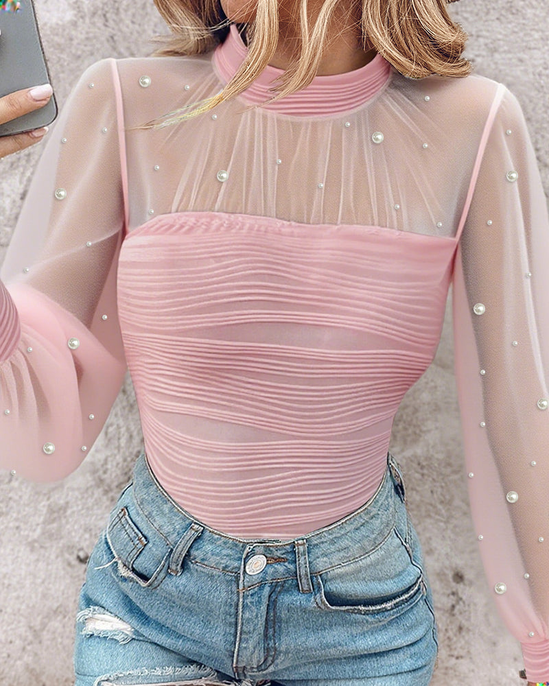 Pearls Decor Mock Neck Sheer Mesh Spliced Ruched Tee Hollow-out Back Slim Fit Textured Top - Image 18