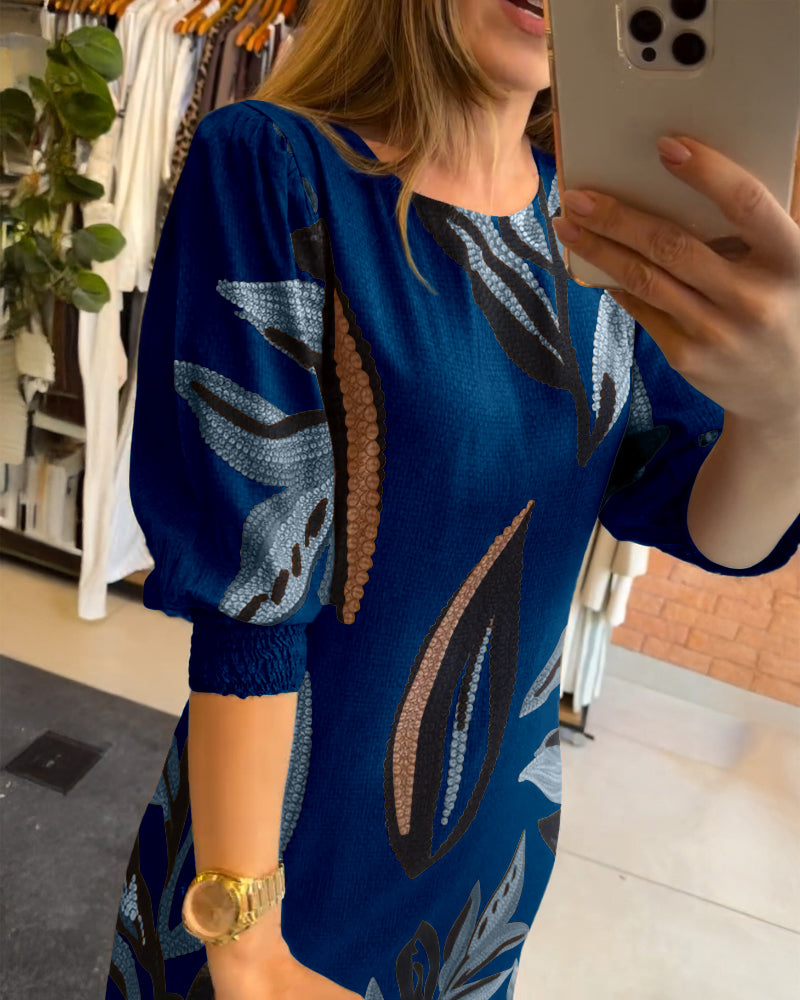 Plants Print Round Neck Half Sleeve Midi Dress - Image 11