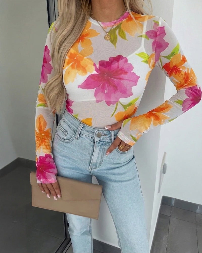 Women's Floral Print Sheer Mesh Top Long Sleeve Slim Fit Crewneck Layering Top with Thumb Hole Cuffs - Image 4