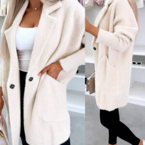 Notched Collar Long Sleeve Single Breasted Coat Casual Mid-legth Fuzzy Coat with Pockets