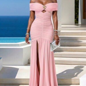 Women's Off-Shoulder Evening Gown Ruched Side Slit Hollow Out Maxi Dress Elegant Mermaid Bodycon Formal Party Dress