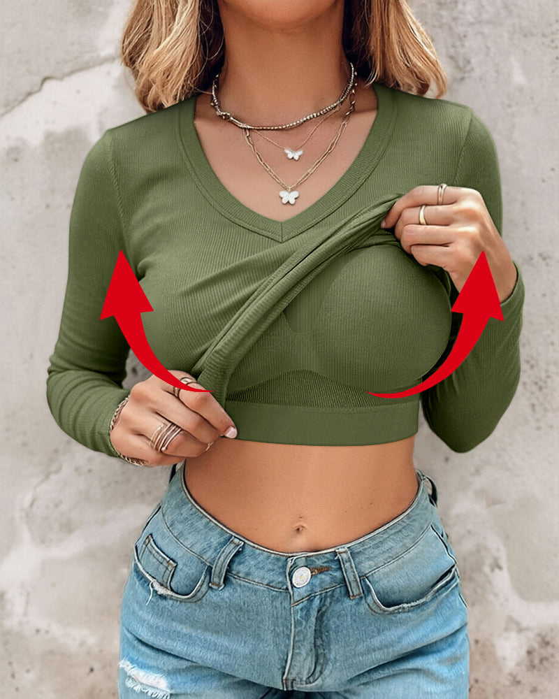 Women's V Neck Long Sleeve Ribbed Knit Top Slim Fit Base Layer Shirt Soft Stretchy Casual Tee with Built-in Bra - Image 13