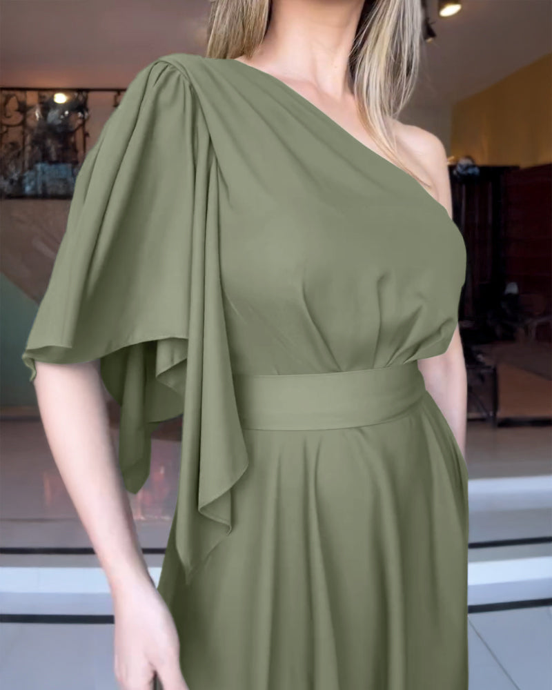 One Shoulder Asymmetrical Sleeve Bow Tie Party Dress Casual Zipper Side Cinched Waist Asymmetrical Hem Maxi Dress With Belt - Image 4