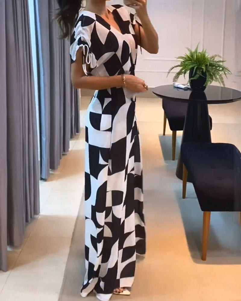 Geometric Print V-Neck Drawstring Short Sleeve Button Front Overalls Casual High Waist Zipper Back Wide Leg Jumpsuit - Image 2