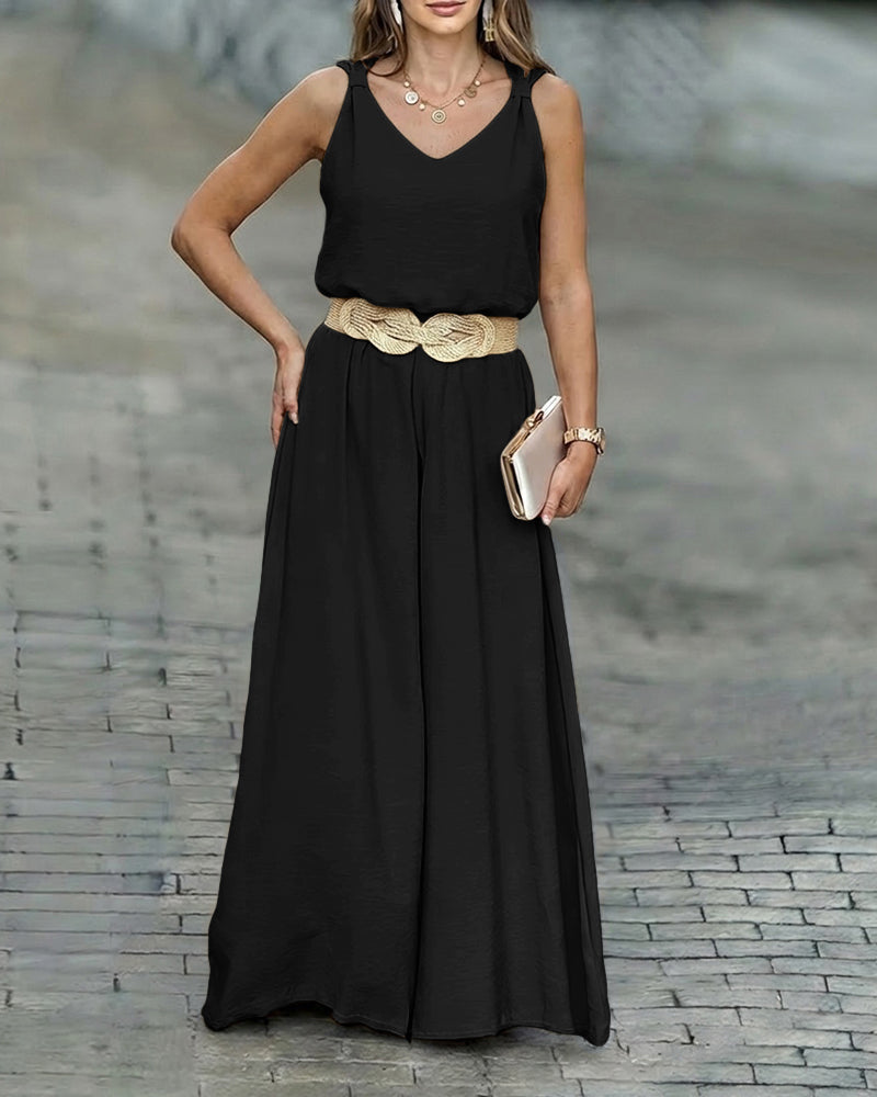 2 Pieces Outfit V-Neck Shoulder Bowknot Design Sleeveless Tank Top and Casual Zipper Fly Elastic Back Waist Wide Leg Pants Set without Belt - Image 13